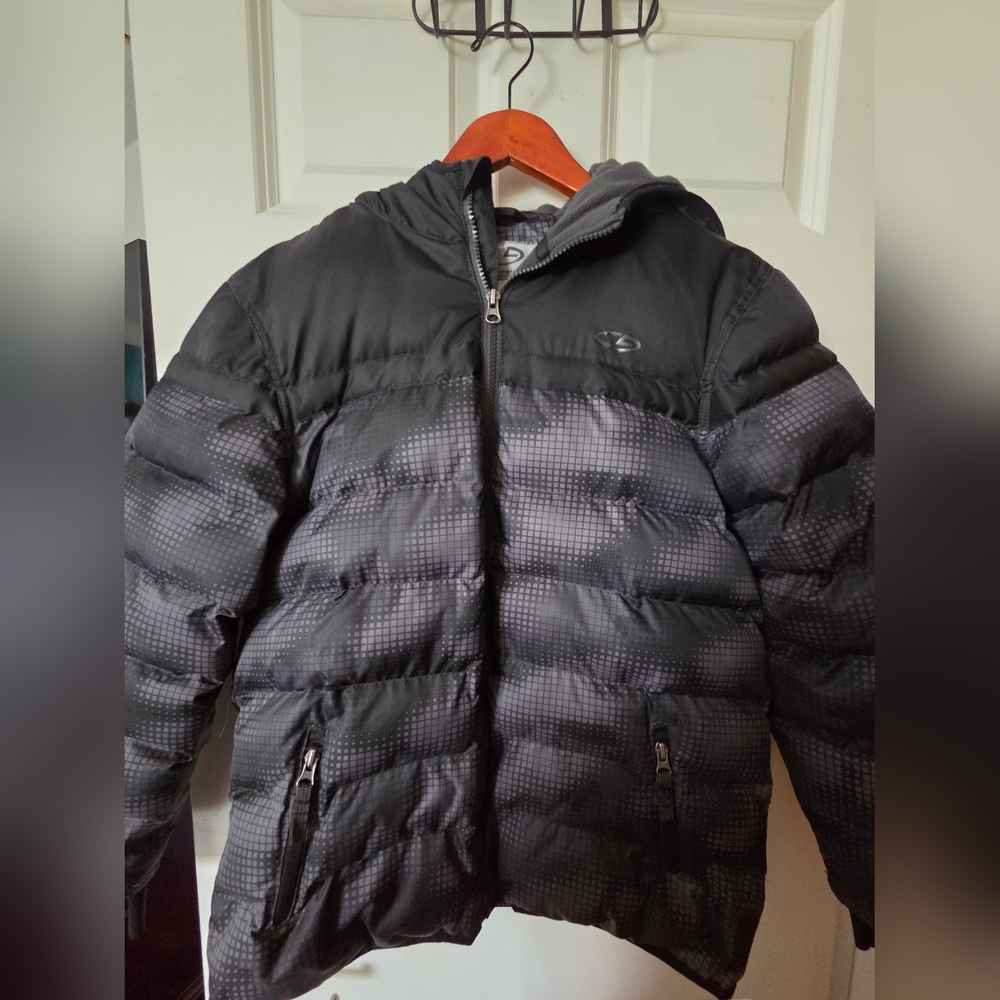 Champion Black youth Puffer Jacket with Subtle Dot Pattern.